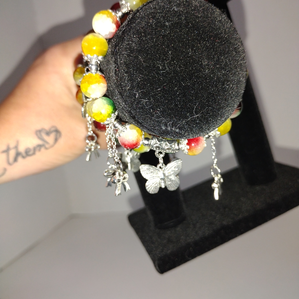 Multicolor Glass Beaded Butterfly Charm Bracelet With Butterfly& bows 1 Bracelet - Picture 3 of 4